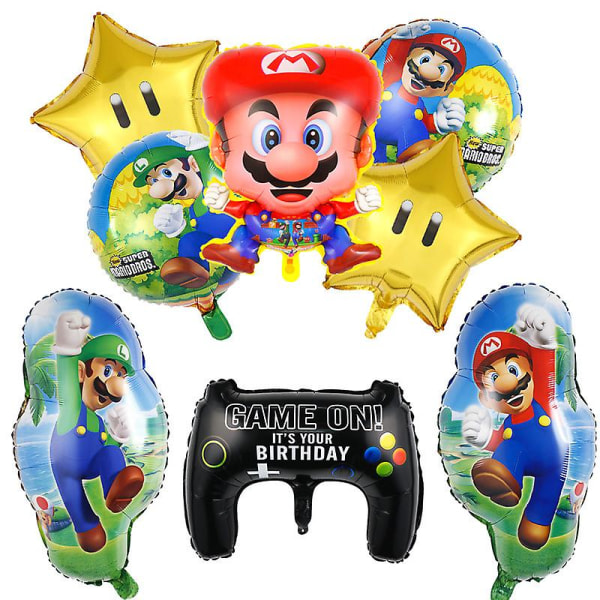 Ny Super Mary Set Mario Luigi Speltema Födelsedagsfestdekorationer Aluminiumfolie Gas Bakgrund Väggdekoration 6