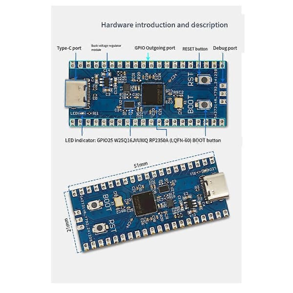 Pico2-RP2350 -kehityskortti perustuu RP2350A:han, Micro-Pythonille, varten