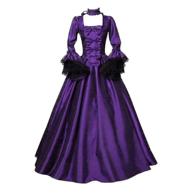 Halloween blonde patchwork middelalderlig vintage kjole med store trompetærmer Cosplay kostume purple L