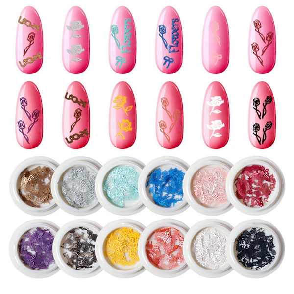 3D Alla hjärtans dag Nagelkonst Stickers Blommor Nageldekaler Träflis Nageldekoration