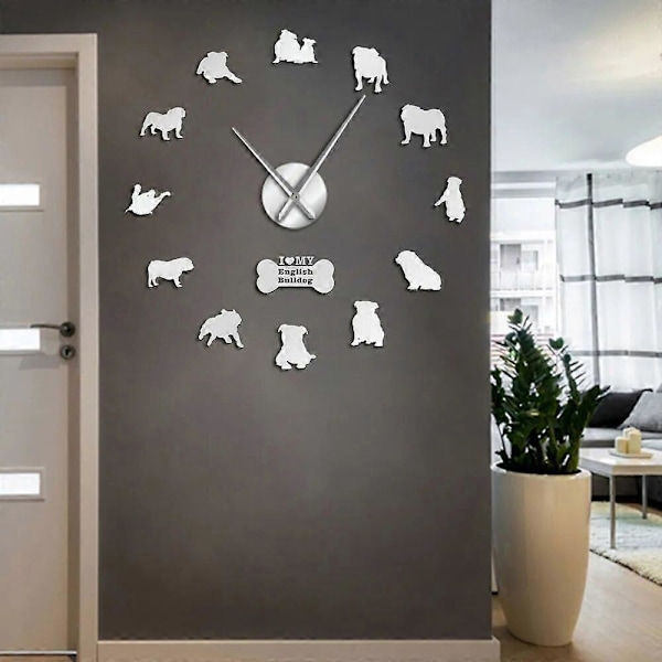 Engelsk Bulldog Heminredning Väggklocka Brittisk Bulldog Silhuetter Väggkonst DIY Stor Väggklocka Tidsmätare Stor Väggklocka
