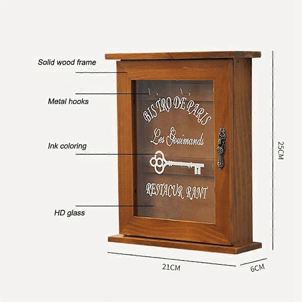 Tränyckelbox, Retro, Vägg, Nyckelskåp med Magnetisk Dörr, Hållbar Massiv Träförvaring med 6 Krokar-B