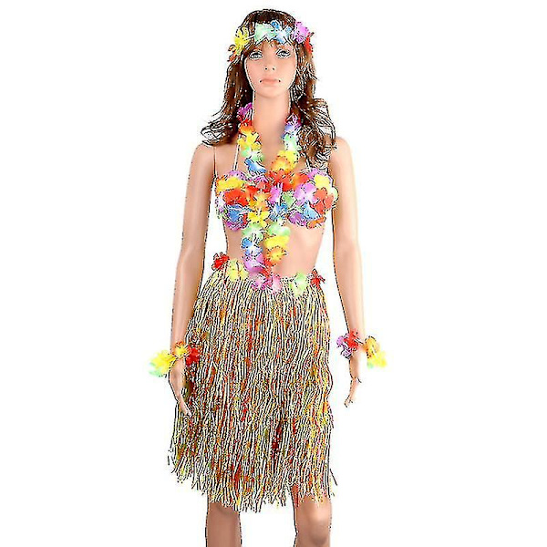 40 cm Hawaii tropisk hula græs danse nederdel BH blomsterarmbånd pandebånd halskæde sæt