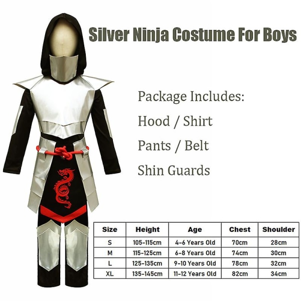 2023 New Arrival Child Dragon Ninja Halloween Cosplay Sølv Ninja kostyme for gutter 11-12 Years Old