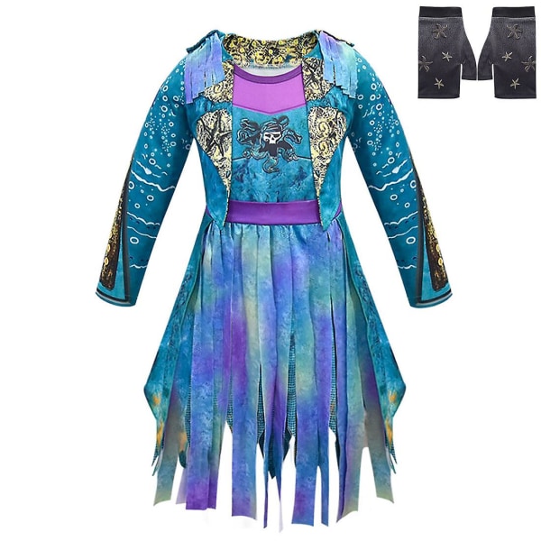 Descendants 3 Mal Bertha Maleficent Curls Live Evil Straight Blue Barn Flickor Cosplay Cap Klänning Halloween Kostym För Barn Peruk 153dress-hat 110