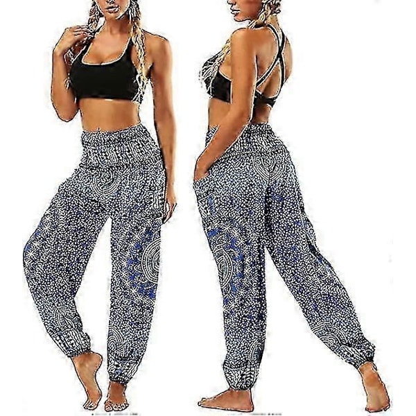 Harem Hippie Bukser til Kvinder, Løse Boho Mønstrede Højtaljede Smock Talje Tynde med Lommer Lounge Bukser til Yoga Sommer Strand