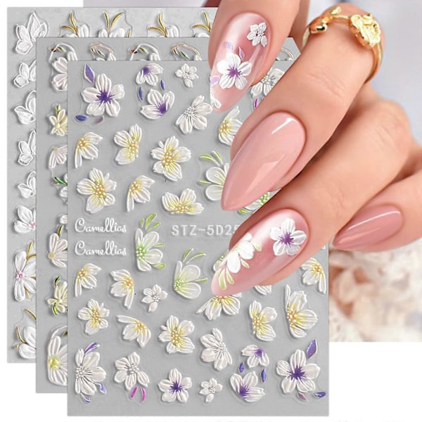 5D Präglade Vårblommor Nagelkonst Klistermärken Dekaler 3 Ark