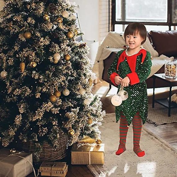 Joulupukin mekko tytöille pojille tonttu cosplay uusi vuosi kiiltävä paljetti vihreä punainen vaatteet joulu sukat hattu 2023 2 kids 130cm