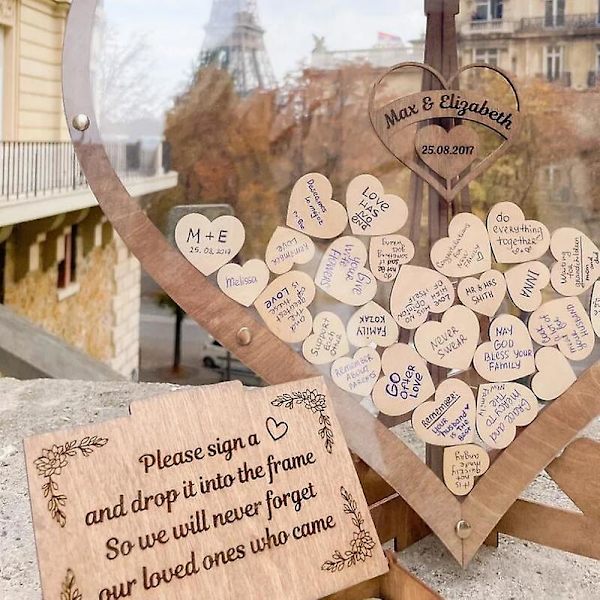 Sød hjerteformet træ-bryllupsgæstebog 3d-graveret gennemsigtig gæstebog Gæstedropboks velkomstkort bryllupsdekorationer 60pcs hearts