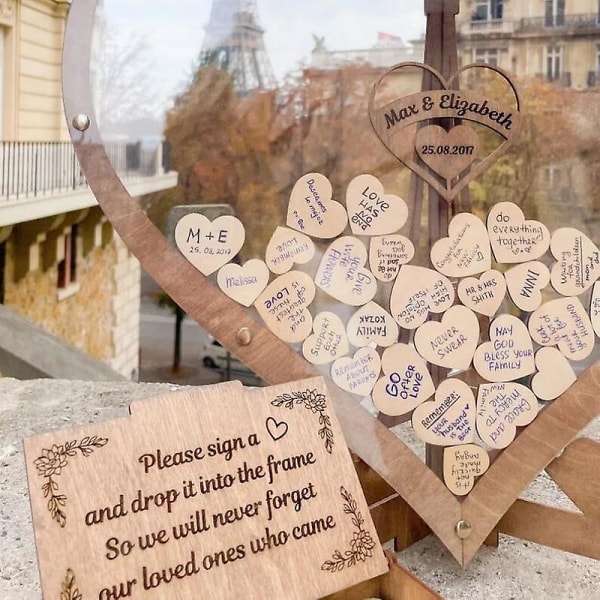 Sød hjerteformet træ-bryllupsgæstebog 3d-graveret gennemsigtig gæstebog Gæstedropboks velkomstkort bryllupsdekorationer 80pcs hearts