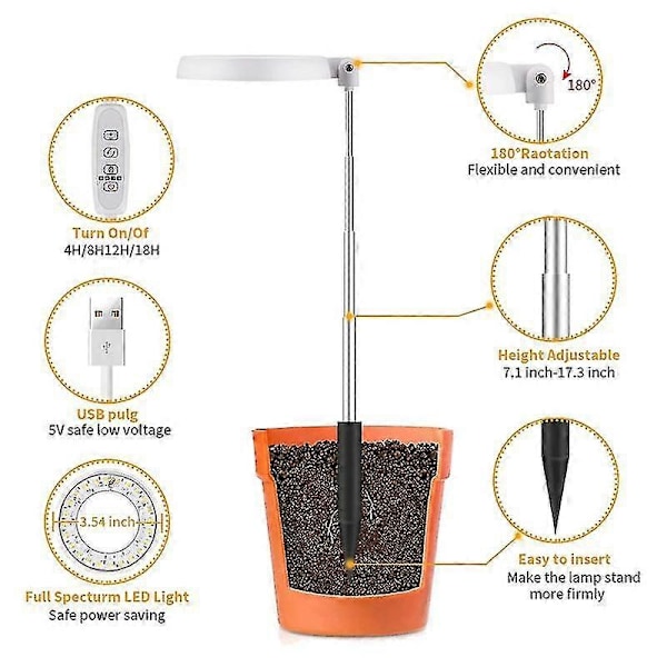 LED-växtlampa, halo-växtlampa för inomhusväxter som växer, automatisk timer 4/8/12/18, för bonsai-suckulent