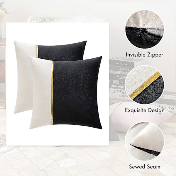 2-pack Dekorativa Sammets Kuddfodral Patchwork med Guld Läder Fyrkantiga Mjuka Enfärgade Örngott Soffkuddar Kuddfodral för Säng Soffa Li