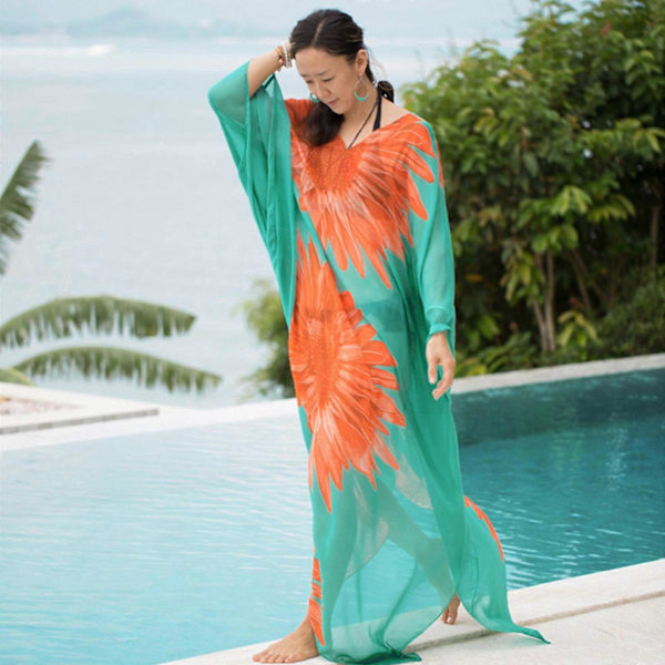 Dam Baddräkter med Fräscht Tryck Bikini Cover Up Sommar Strandbadkläder, Bikini Strandkläder, Djup V-ringad Lång Klänning för Semester Lanshi solros