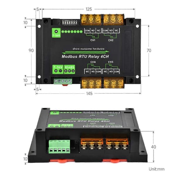4-kanavainen relemoduuli Modbus RTU -protokollalla