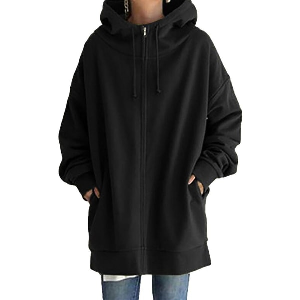Kvinder hætte fuld lynlås frakke Casual udendørs efterår langærmet jakke med lomme Black L