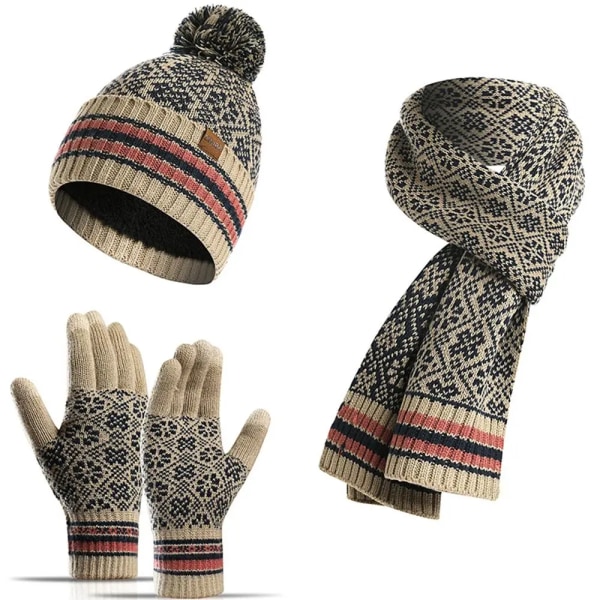 Damehue Tørklæde og modehandsker Sæt Varmforet Beanie Hat Touchscreen Varme Handsker Touchscreen beige