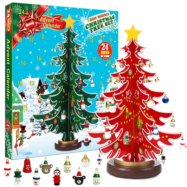 Adventskalender 2023 24-dagers julenedtellingskalender Tretre med ornamenter Bordplate DIY Minitre til jul Red