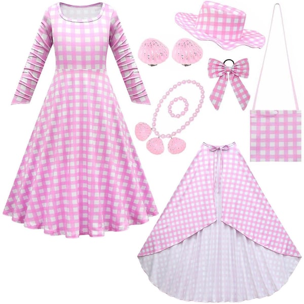Piger Pink Prinsesse Kjole Kappe Film Barbi Cosplay Kostume Langærmede Kjoler Til Halloween Fest Outfit Halskæde Hat 1 150