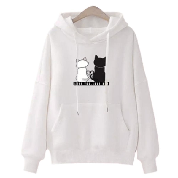 Langærmet sweatshirt med kattetryk til kvinder Afslappet Løs snøre Hættetrøjer Toppe med hættetrøje White 2XL