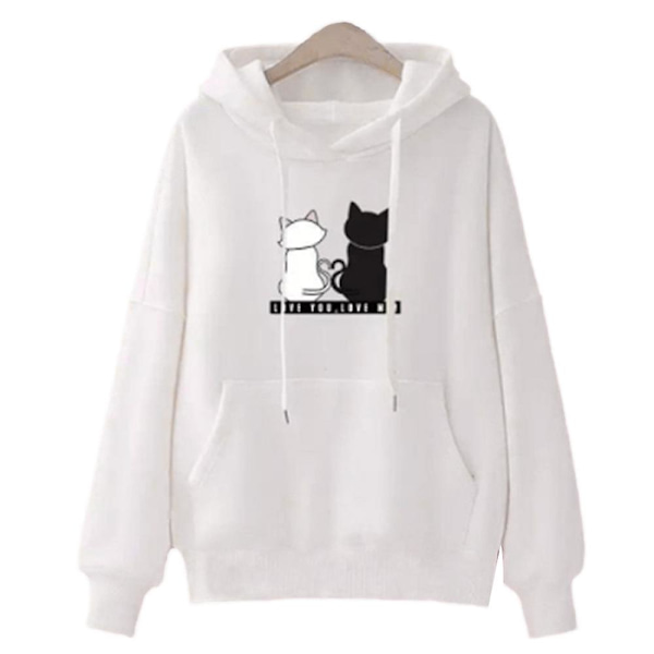 Langermet genser med kattetrykk for kvinner Uformell løs snøring Hettegensere Hettegenser Topper White XL