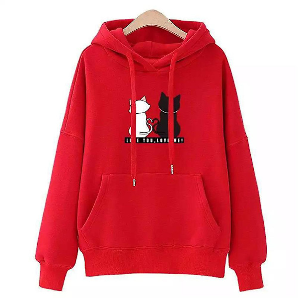 Langærmet sweatshirt med kattetryk til kvinder Afslappet Løs snøre Hættetrøjer Toppe med hættetrøje Red L