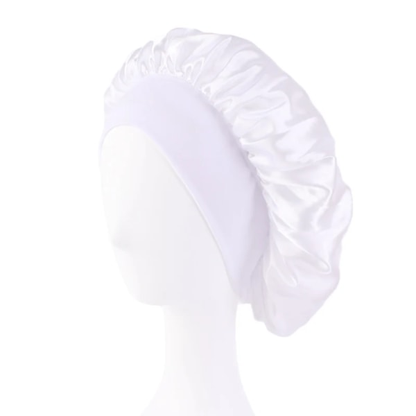 Ny kvindes satin solid bredskygget sovehat Unisex hovedomslag Elastisk båndkasket Hårpleje Bonnet Nat Hat White