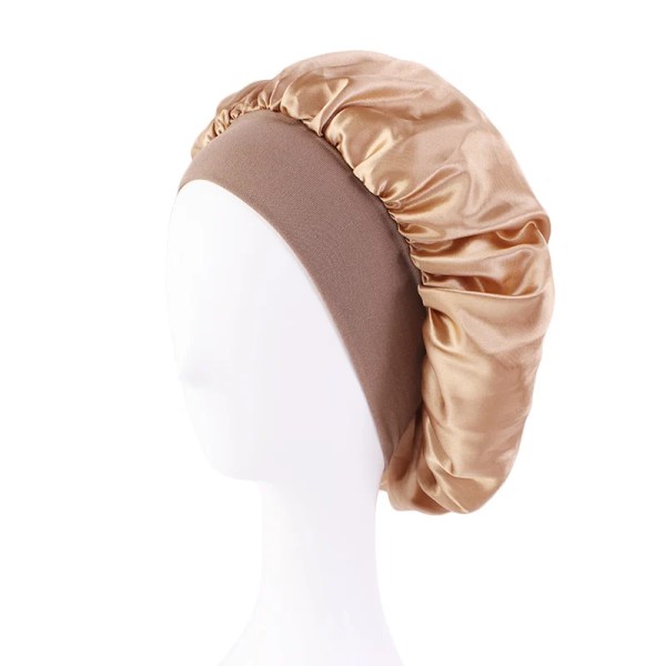 Ny sateng, solid bredbremmet sovehatt for kvinner Unisex-hodeinnpakning Elastisk båndhette Hårpleie Nattlue med panser Gold