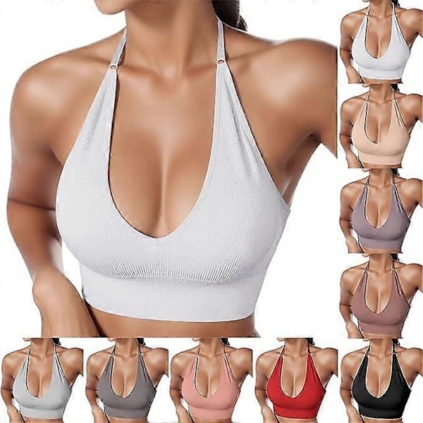 2 stk. Dame Halterneck Sports-BH Rygløs Dyb V-udskæring Sports Bustier Polstret Sexet Gym Push Up Uden Bøjle BH Crop Top Rygløs Justerbar Strop