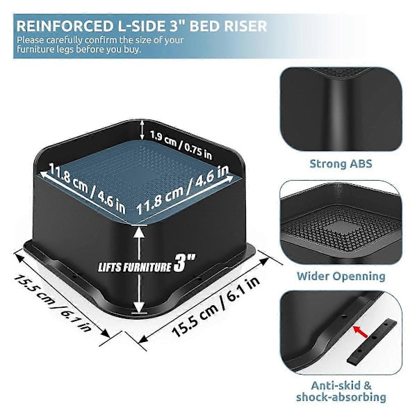 Sengeforhøjere 7,6 cm Heavy Duty, 12,2x12,2 cm Bred Åbning Møbelforhøjere 4 Pak, Sengeforhøjere til S