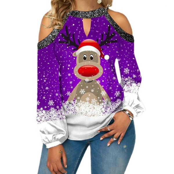 Kvinder Christmas Snowflake Elk Print T-shirt Xmas Langærmede Cold Shoulder Shirts Bluse Casual Løse toppe Plus Size Purple 3XL