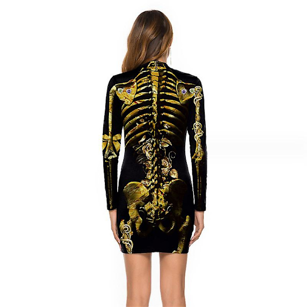 Kvinders Halloween-kostume Skeletkjole Langærmede Stretchy Kort Mini Kjole style 1 L