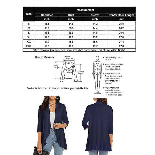 Casual let dame cardigan med åben front, bløde draperede flæser og 3/4 ærmer, blå