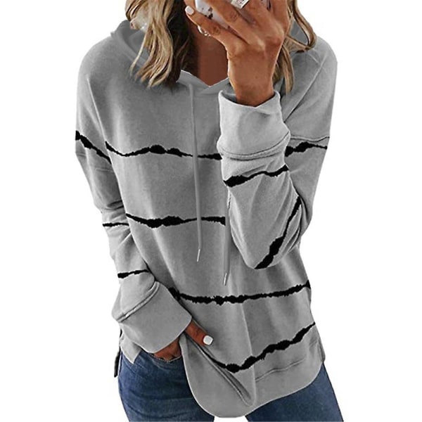 Stripete hettegenser for kvinner Uformelle topper genser Løse hettegensere med lange ermer Gray 2XL