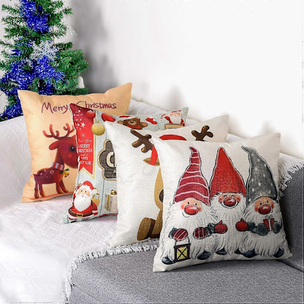 Tyynyliina, 4 kpl:n setti puuvillaa ja pellavaa Joulu Hirvi Joulupukki Lumiukko Kääpiö Painettu Neliö Tyynynpäällinen 45 x 45 cm