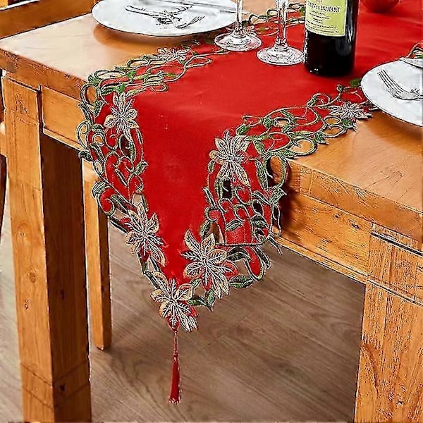 381761cm Julbordstablett med Broderad Cutwork, Gröna Blad, Juldekorationer, 15x69 Tum