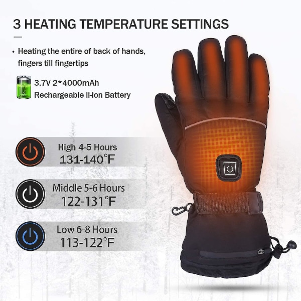 Opvarmede handsker Vinterhandsker til mænd og kvinder 3 varmeniveauer Elektrisk genopladelig berøringsskærm Vandtætte opvarmede handsker