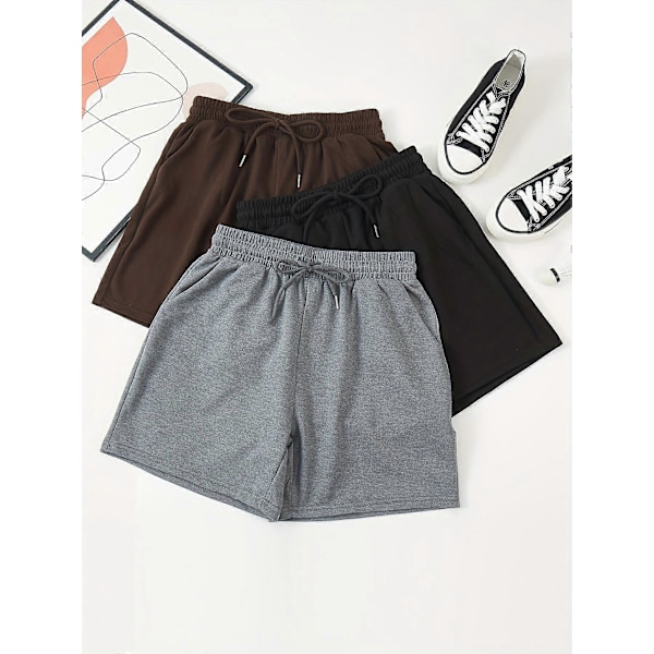 Nya modeller 3 st Enfärgade Casual Shorts, Dragsko Elastisk Midja Löpar Fitness Shorts, Dam Sommar Activewear Underdel