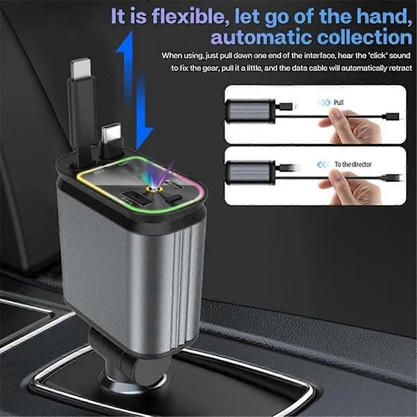 4-in-1 Sisäänvedettävä Autolaturi USB-pikalatauskaapelilla ja Tähtitaivas Auton Kattoilmapiirivalolla