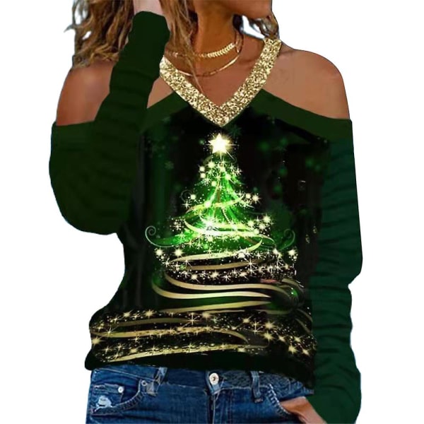Kvinder Christmas Elk Tree Printed T-shirt Bluse Xmas Cold Shoulder V-hals Langærmede Casual Shirts Toppe Plus Size Green 2XL