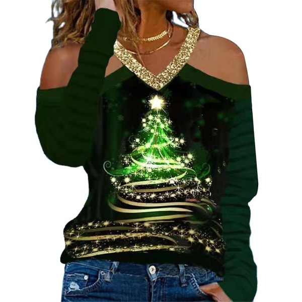 Kvinnor jul älgträd printed T-shirt blus Xmas kall axel V-ringad Långärmad Casual skjortor Toppar Plus Size Green M