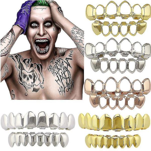 Hurtig levering Grillz Flat 8 Top og 8 Bund Sæt Grills Bling Teeth Caps Halloween Jack Napier Eric Border Kostumer Diy Prop G