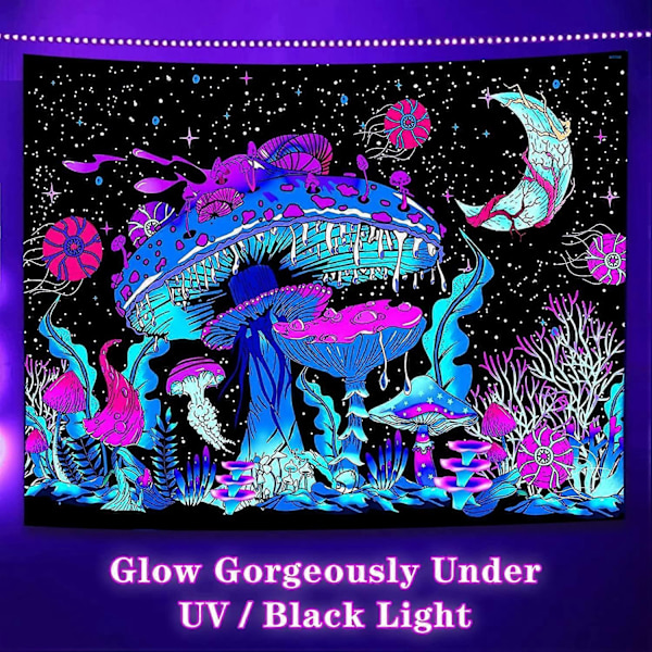 Mushroom Tapestry, 150130CM Black Light Tapestry, Veggteppe Psykedelisk Tapestry, UV Tapestry