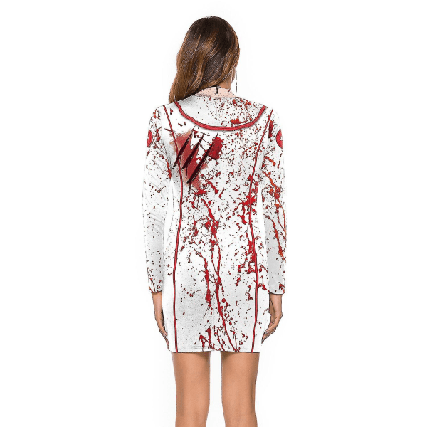 Dame Halloween Fest Horror Kostumer Bloody Nurse Zombie Kjole Cosplay Sexet Dame Rund Hals Langærmet Pakke Hip Kjole Size A S