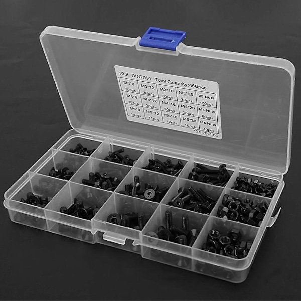 460 stk. Grade 10.9 Sort Hex Socket Hoved Flad Forsænket Skrue Møtrik Sæt M3 M4 M5
