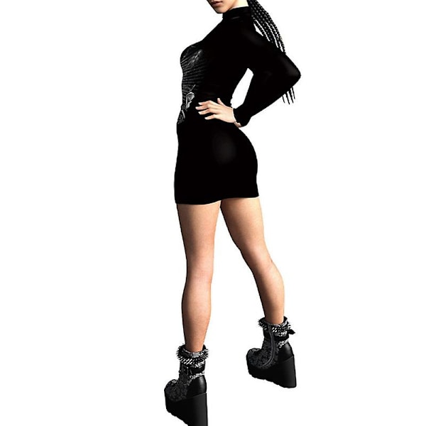 Kvinders skeletkjole Halloween kostume Stretchy langærmet minikjole COLOR 2 L