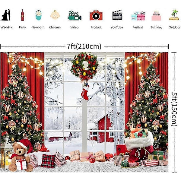 7x5FT Julbakgrund Julfoto Vinterfönster Julgran Gåvor Snöscen Fotobakgrund Familj Barn Porträtt Rekvisita