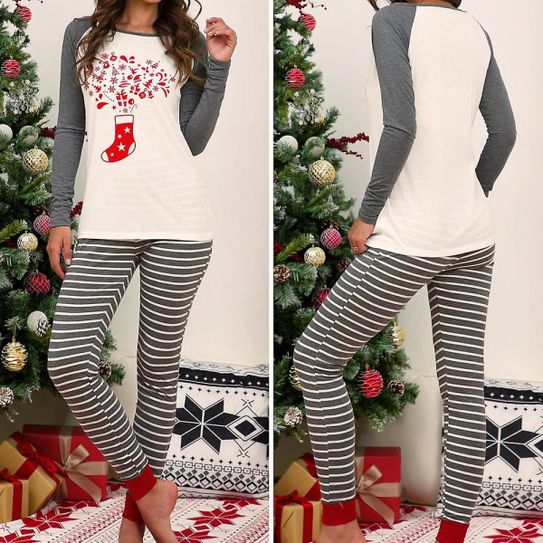 Kvinders julepyjamassæt Holiday Christmas printede langærmede toppe Stribede bukser Pyjamas Loungewear Gray XL