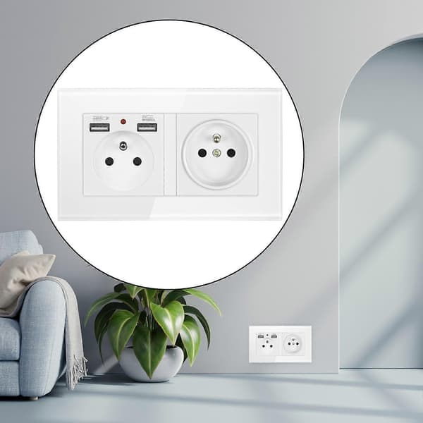 Fransk 2.1A USB Vægstik Oplader 16A Duplex Stik Multi Stik