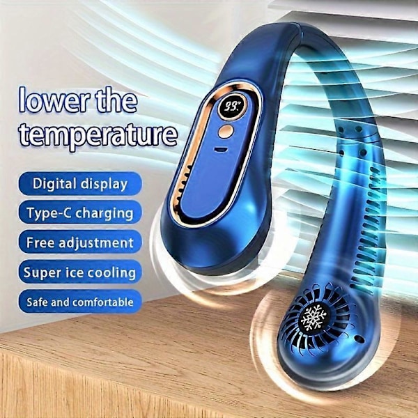 1 stk., Bærbar halsventilator, USB genopladelig, Personlig mini ventilator med digitalt display, 18,2 cm*7,24 cm, Justerbar, Super is-køling, Sikker og komfortabel, fo
