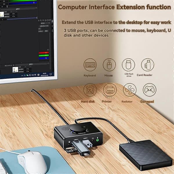 USB Eksternt Lydkort 3 Porter USB 2.0 Til 3.5mm Lydkort